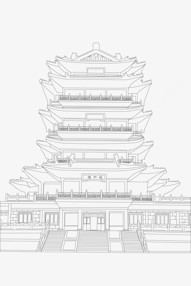 大明湖超然楼线稿矢量图 古楼手绘与免抠设计素材